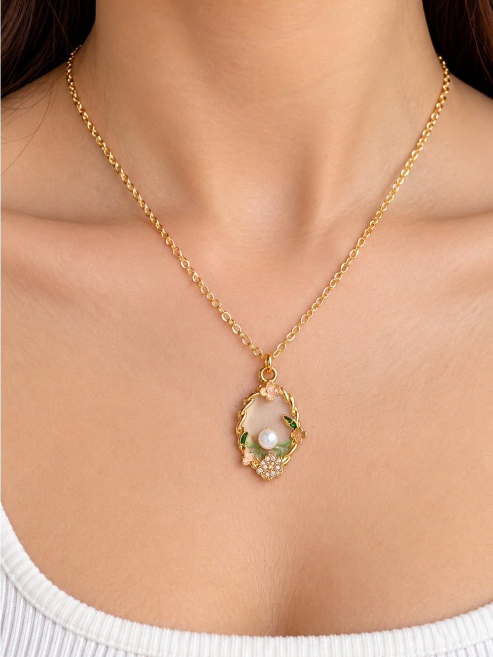 Gold Pearl Floral Wreath Pendant Necklace with Green Enamel